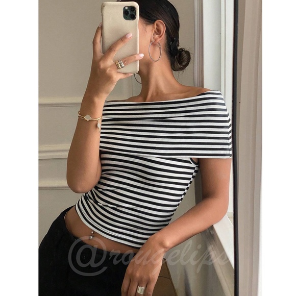 Striped Black White Rib Knit Fold Over Off Shoulder Slim Top Shirt - Picture 6 of 15